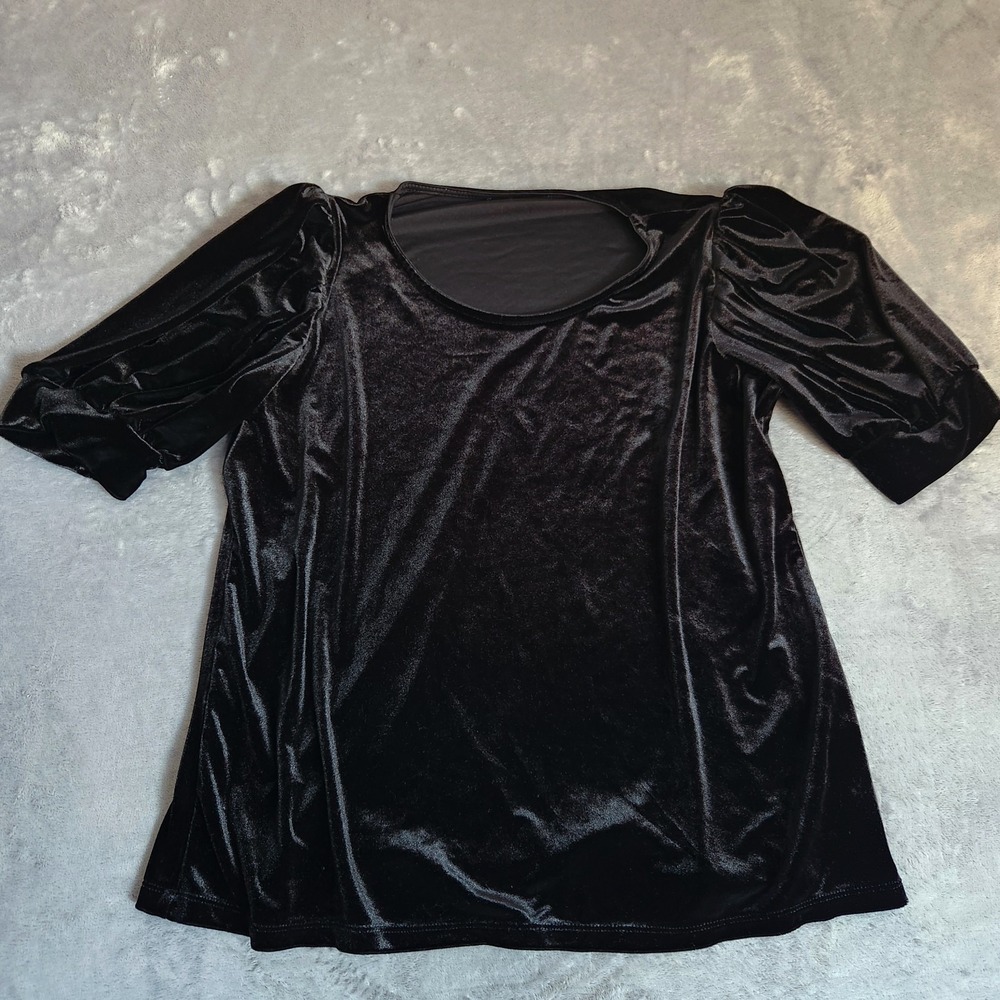 CeCe Velvet Puff Sleeve Top Black Crew Neck Festive Quiet Luxury Romantic M